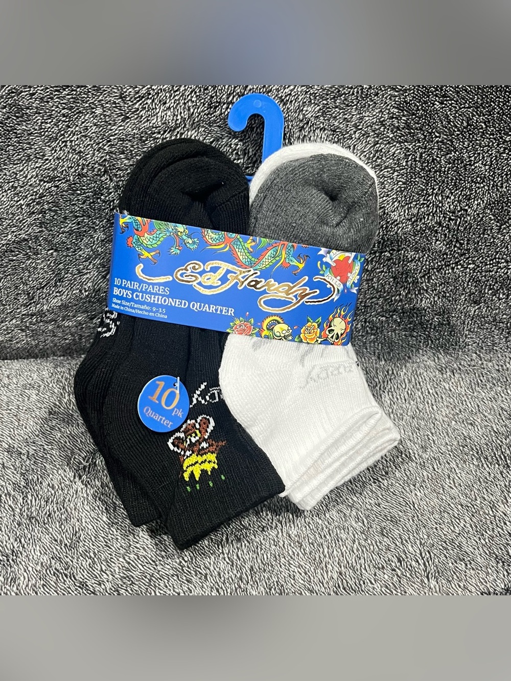 NWT❗️Ed Hardy Boys Cushioned Quarter Socks 10 pairs youth shoe size 9-3.5